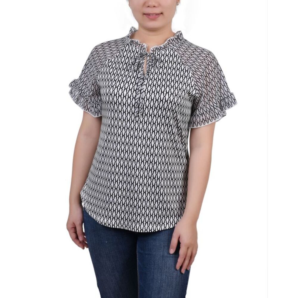NY Collection Petite Chiffon Short Ruffled Sleeve Crepe Knit Top